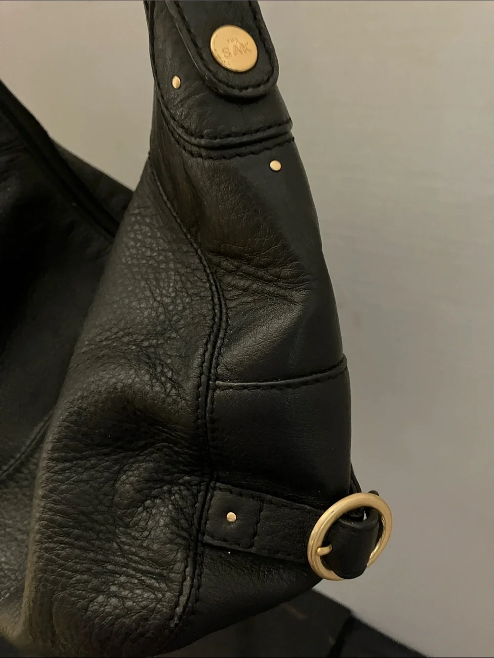 Black Pebbled Leather Hobo with Gold Ring Accents